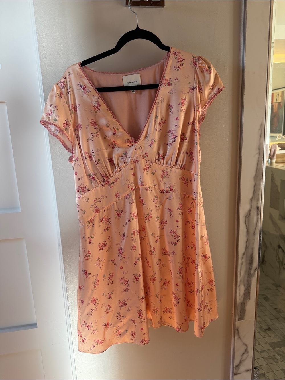 Reformation Peach Mini Dress with Pink Floral Print